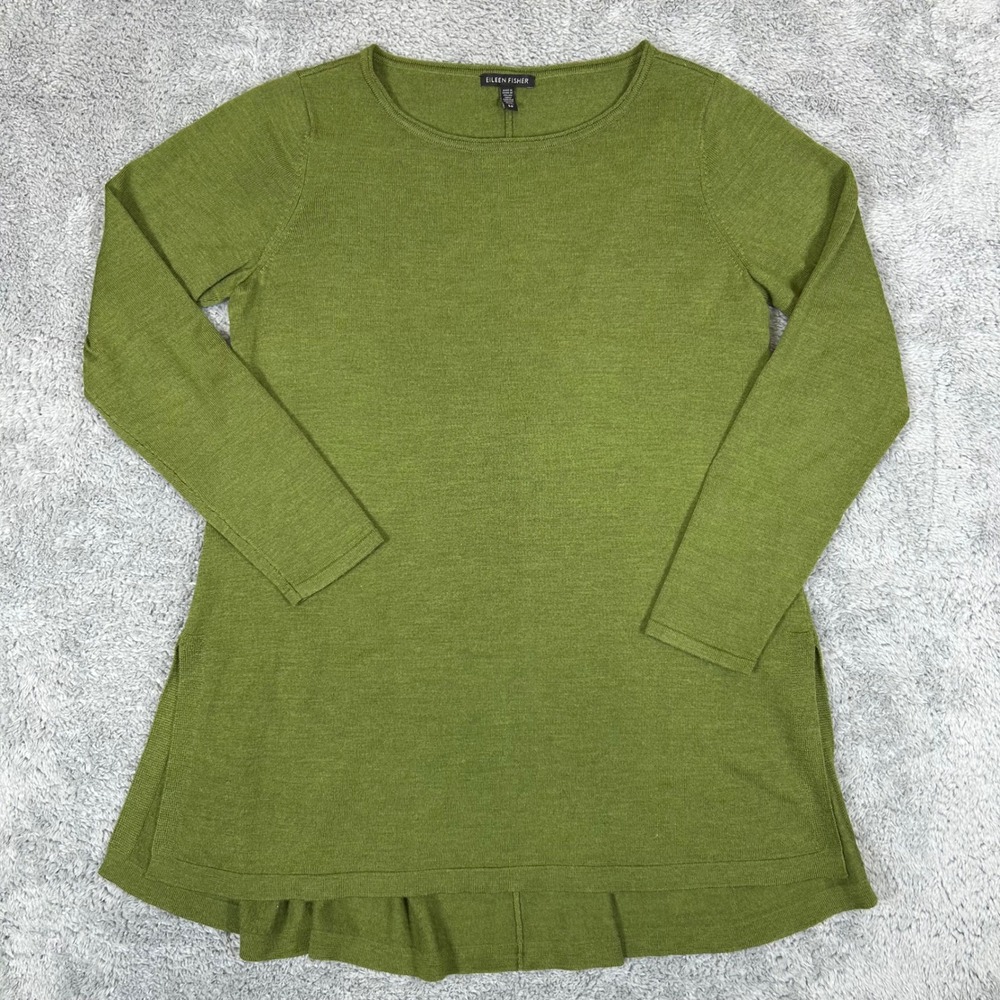 Eileen Fisher Green 100% Merino Wool Italian Yarn Tunic Sweater Small S/P